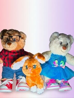 Build-A-Bear Bundle Plaid Hipster White Tutu Bear Tan Bunny Plush Set